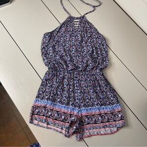 Mimi Chica Halter Romper Size M Blue White Red Floral Sleeveless Shorts